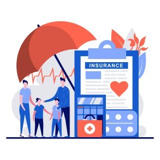 Family health insurance concept with tiny character, pills, calculator, ambulance case, cardiogram, thermometer. People with medical documents flat vector illustration. Life safety metaphor.